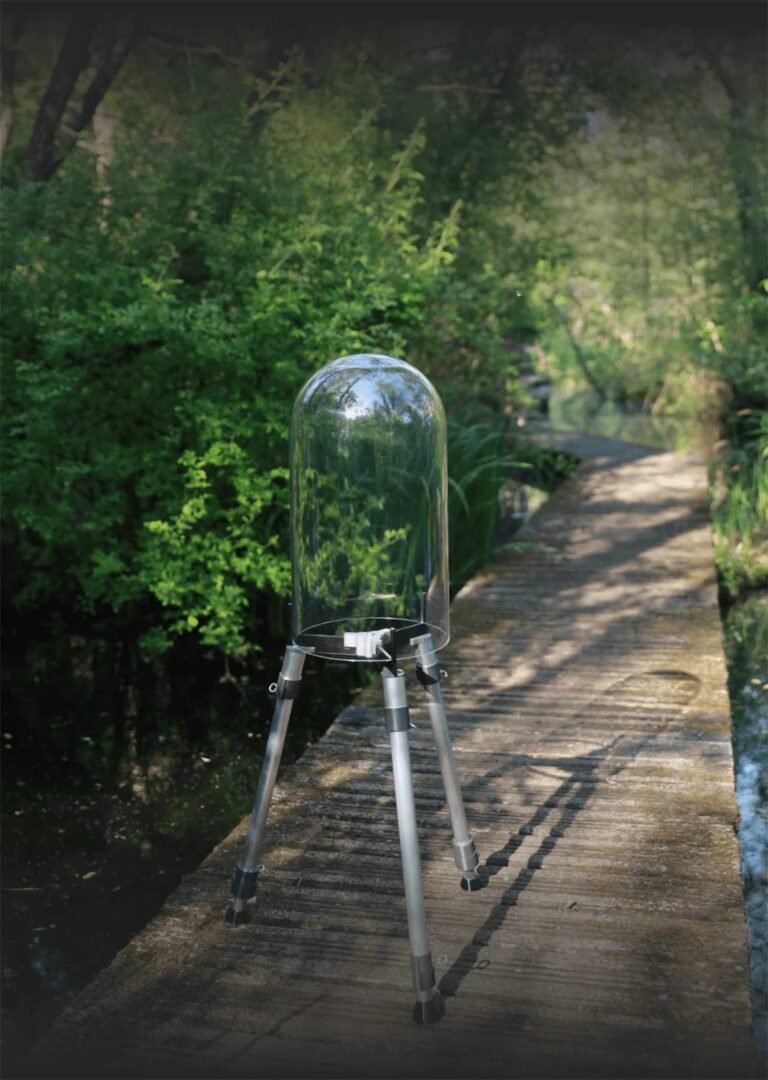 FishView pond dome standing in a pond next to a wooden boardwalk