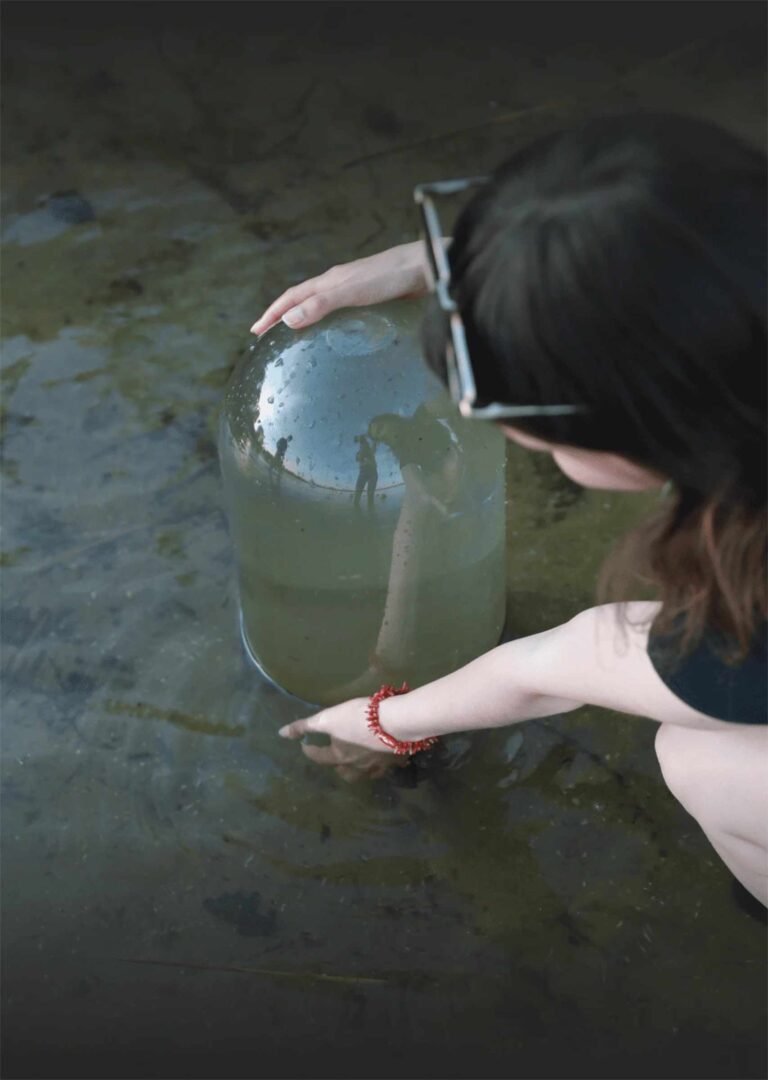 Installing the FishView plexiglass dome in a garden pond