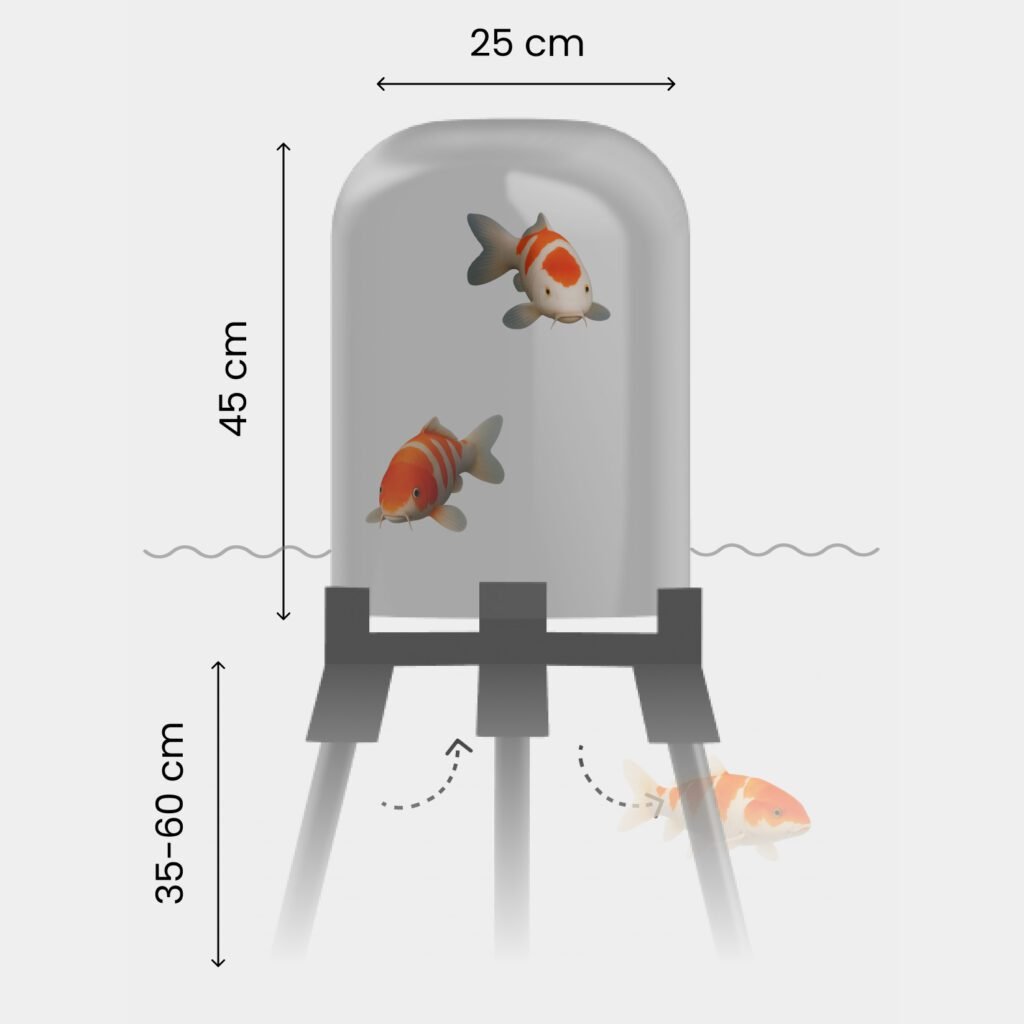 Illustration of fish swimming into the FishView dome on aluminium legs