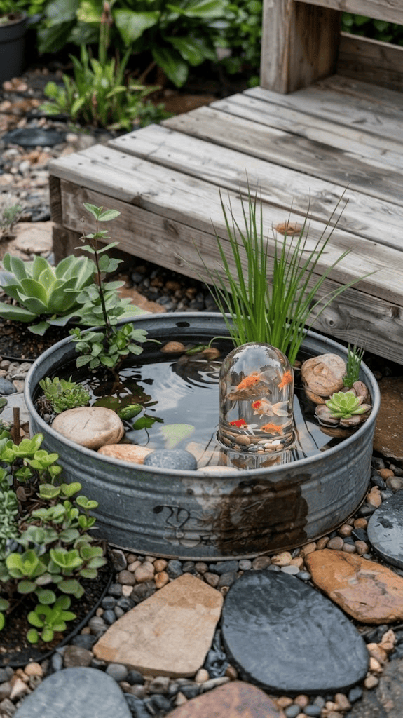 FishView Mini dome with small fish in a patio pond